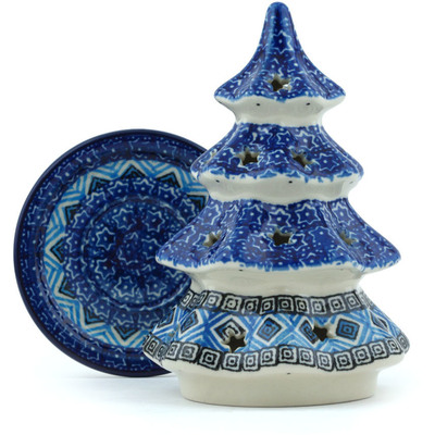 Polish Pottery Christmas Tree Candle Holder 6&quot; Aztec Sky