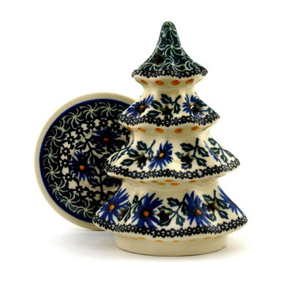 Polish Pottery Christmas Tree Candle Holder 6&quot; Blue Chicory