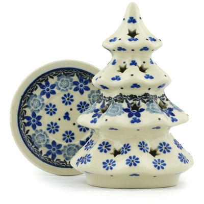 Polish Pottery Christmas Tree Candle Holder 6&quot; Blue Country Field