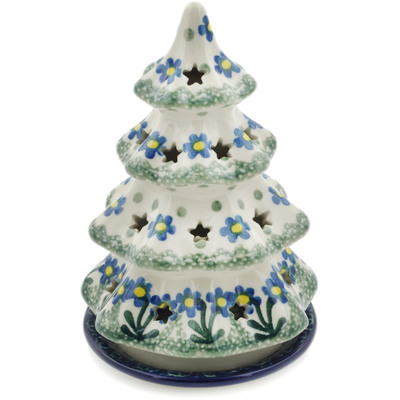 Polish Pottery Christmas Tree Candle Holder 6&quot; Blue Daisy Circle