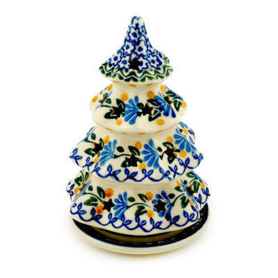 Polish Pottery Christmas Tree Candle Holder 6&quot; Blue Fan Flowers