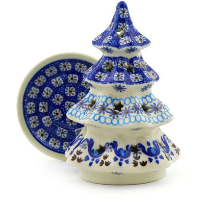 Polish Pottery Christmas Tree Candle Holder 6&quot; Blue Ice