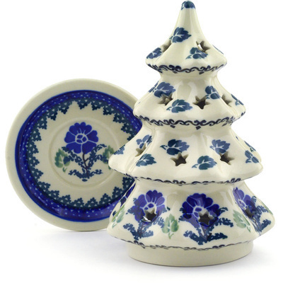 Polish Pottery Christmas Tree Candle Holder 6&quot; Blue Lace