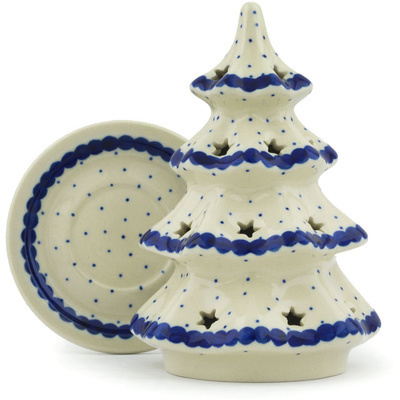 Polish Pottery Christmas Tree Candle Holder 6&quot; Blue Polka Dot