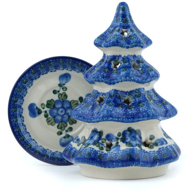 Polish Pottery Christmas Tree Candle Holder 6&quot; Blue Poppies