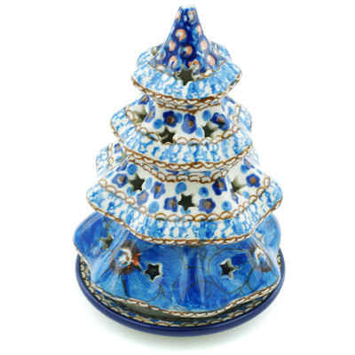 Polish Pottery Christmas Tree Candle Holder 6&quot; Blue Poppies UNIKAT