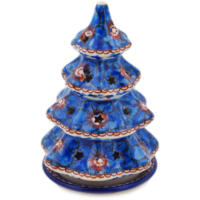 Polish Pottery Christmas Tree Candle Holder 6&quot; Blue Poppies UNIKAT