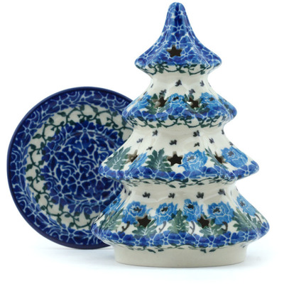 Polish Pottery Christmas Tree Candle Holder 6&quot; Blue Rosette Wreath