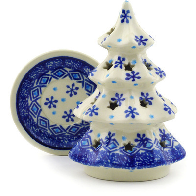 Polish Pottery Christmas Tree Candle Holder 6&quot; Blue Snowflake