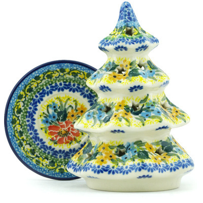 Polish Pottery Christmas Tree Candle Holder 6&quot; Bountiful Blue Bonnet UNIKAT