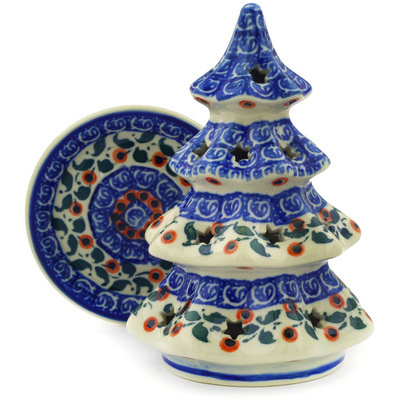 Polish Pottery Christmas Tree Candle Holder 6&quot; Calico Rosebud