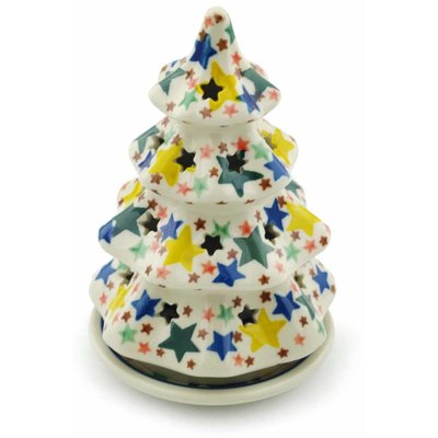 Polish Pottery Christmas Tree Candle Holder 6&quot; Confetti Stars