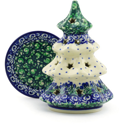 Polish Pottery Christmas Tree Candle Holder 6&quot; Emerald Garden UNIKAT