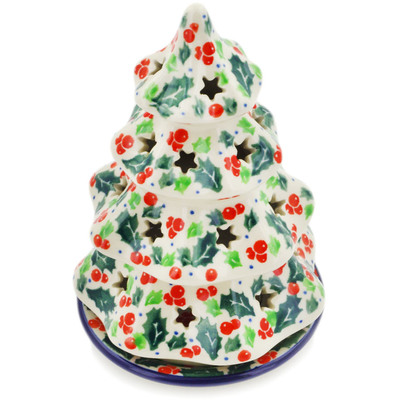 Polish Pottery Christmas Tree Candle Holder 6&quot; Festive Berries UNIKAT
