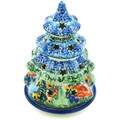 Polish Pottery Christmas Tree Candle Holder 6&quot; Fiery Meadow UNIKAT