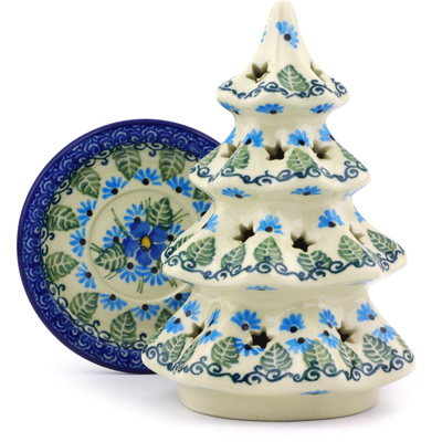 Polish Pottery Christmas Tree Candle Holder 6&quot; Forget Me Not UNIKAT