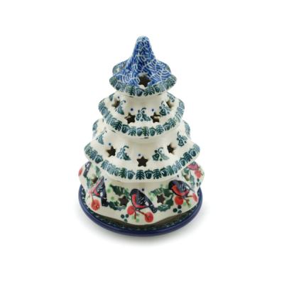 Polish Pottery Christmas Tree Candle Holder 6&quot; Holly Robin