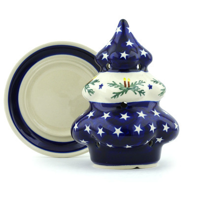 Polish Pottery Christmas Tree Candle Holder 6&quot; Holly Stars