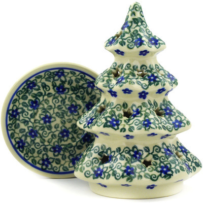 Polish Pottery Christmas Tree Candle Holder 6&quot; Lobelia Vines