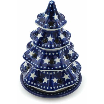 Polish Pottery Christmas Tree Candle Holder 6&quot; Midnight Stars