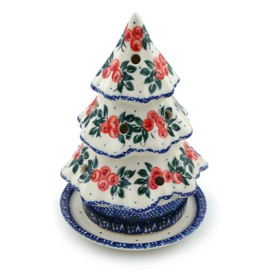 Polish Pottery Christmas Tree Candle Holder 6&quot; Mistletoe UNIKAT