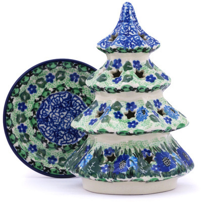 Polish Pottery Christmas Tree Candle Holder 6&quot; Moody Blues UNIKAT
