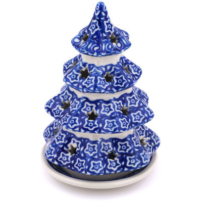 Polish Pottery Christmas Tree Candle Holder 6&quot; Night Sky