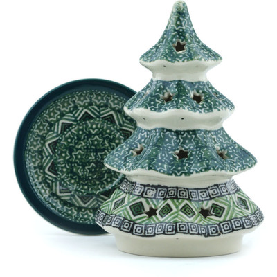 Polish Pottery Christmas Tree Candle Holder 6&quot; Olive Aztek