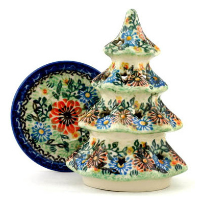 Polish Pottery Christmas Tree Candle Holder 6&quot; Peach Daisies UNIKAT