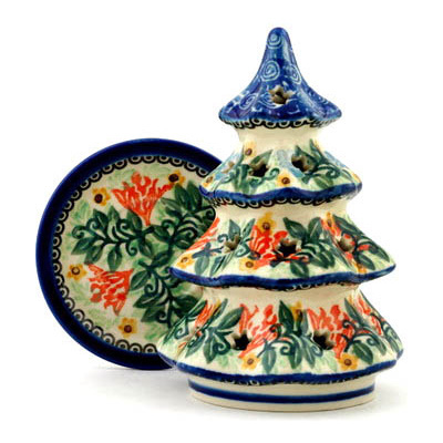 Polish Pottery Christmas Tree Candle Holder 6&quot; Peach Fan Fare UNIKAT