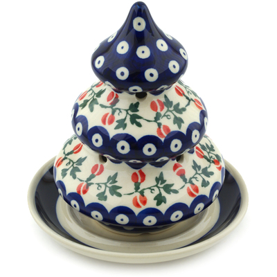 Polish Pottery Christmas Tree Candle Holder 6&quot; Peachy Peacock