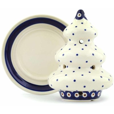 Polish Pottery Christmas Tree Candle Holder 6&quot; Peacock Dots