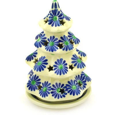 Polish Pottery Christmas Tree Candle Holder 6&quot; Periwinkle Blues