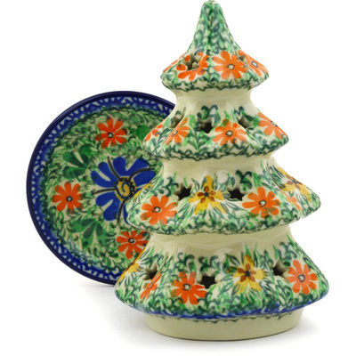 Polish Pottery Christmas Tree Candle Holder 6&quot; Profusion UNIKAT