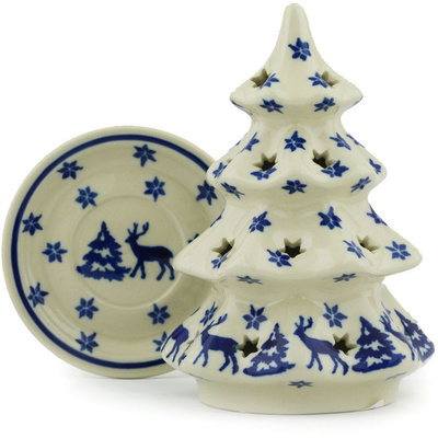 Polish Pottery Christmas Tree Candle Holder 6&quot; Snowy Morning