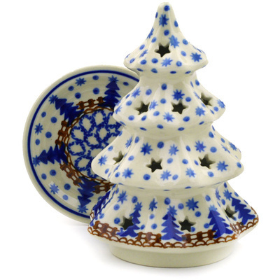 Polish Pottery Christmas Tree Candle Holder 6&quot; Snowy Woods