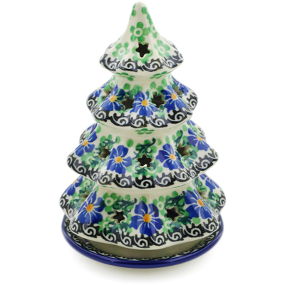 Polish Pottery Christmas Tree Candle Holder 6&quot; Swirling Emeralds