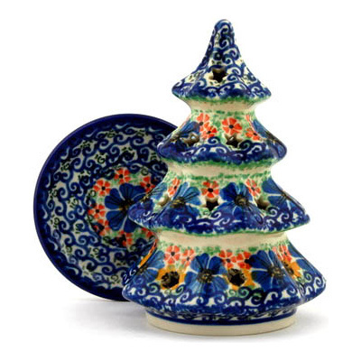 Polish Pottery Christmas Tree Candle Holder 6&quot; Vibrant Spring UNIKAT