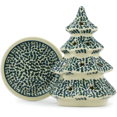 Polish Pottery Christmas Tree Candle Holder 6&quot; Viridian Vines