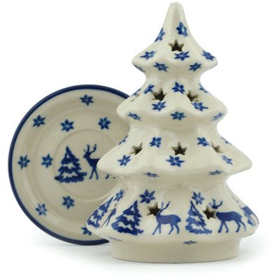 Polish Pottery Christmas Tree Candle Holder 6&quot; Winter Deer