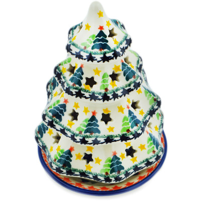 Polish Pottery Christmas Tree Candle Holder 6&quot; Winter Tree