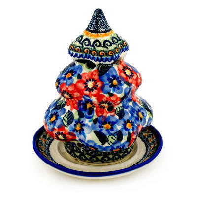 Polish Pottery Christmas Tree Candle Holder 7&quot; Blue And Red Poppies UNIKAT