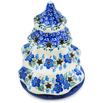 Polish Pottery Christmas Tree Candle Holder 7&quot; Blue Blossom