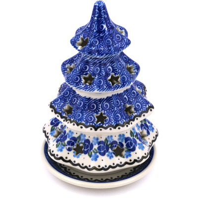 Polish Pottery Christmas Tree Candle Holder 7&quot; Blue Bud Sea