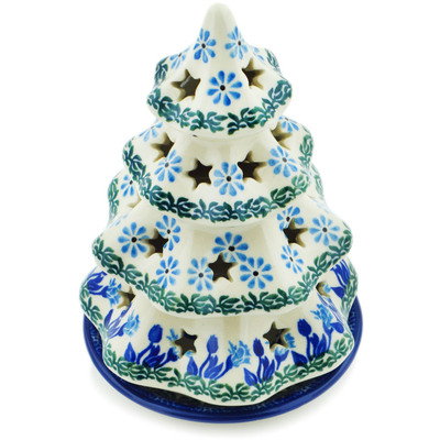 Polish Pottery Christmas Tree Candle Holder 7&quot; Blue Butterfly