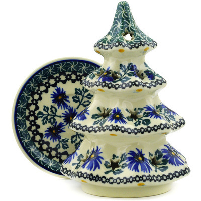 Polish Pottery Christmas Tree Candle Holder 7&quot; Blue Chicory
