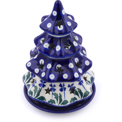 Polish Pottery Christmas Tree Candle Holder 7&quot; Blue Clover Peacock