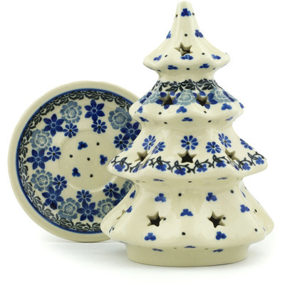 Polish Pottery Christmas Tree Candle Holder 7&quot; Blue Country Field