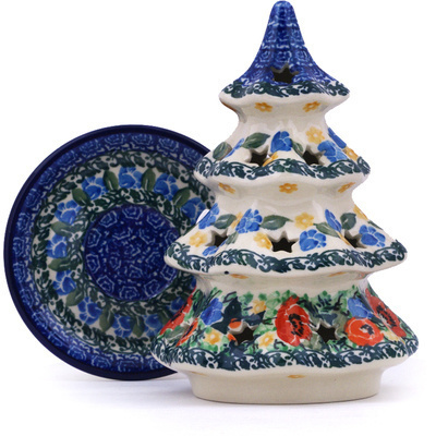 Polish Pottery Christmas Tree Candle Holder 7&quot; Blue Daisy Bouquet UNIKAT
