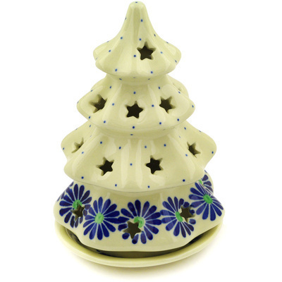 Polish Pottery Christmas Tree Candle Holder 7&quot; Blue Daisy Chain